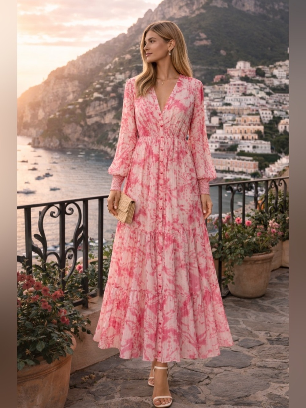 Rococo Sand Pink Tie Dye Maxi Dress Button Front Boho Resort Small